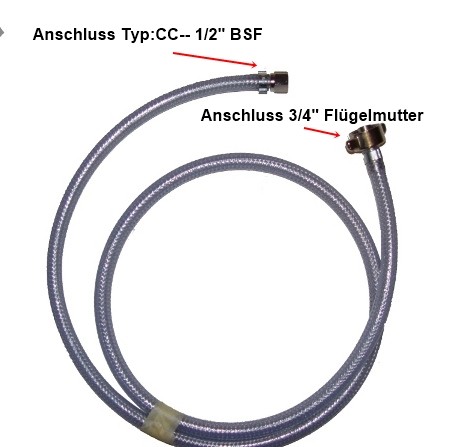 CO2-Schlauch 1.5m, Anschluss 1 X 3/4" Zoll +1x Typ:CC-- 1/2" BSF