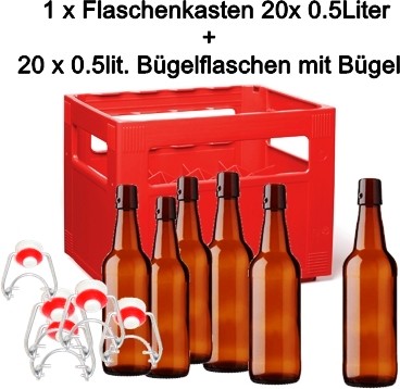 Harass gefüllt mit 20 Stück 0,5 Liter Bügelflaschen